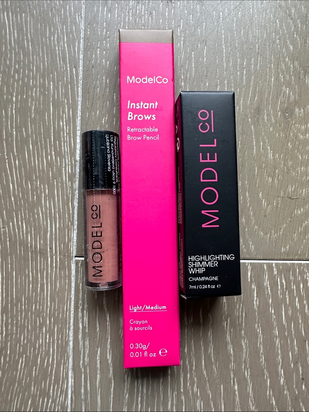 ModelCo makeup lot - brow pencil, lip creme, shimmer whip highlighter
